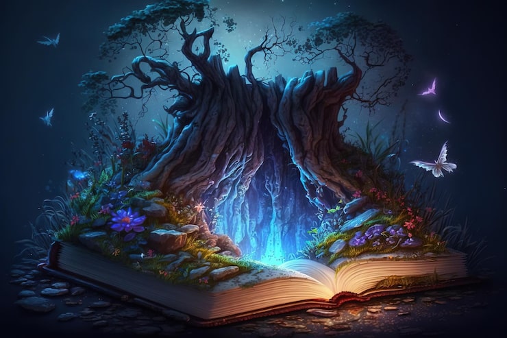 Foto concepto de libro místico. un árbol está saliendo de un libro, arte digital de la tierra de fantasía