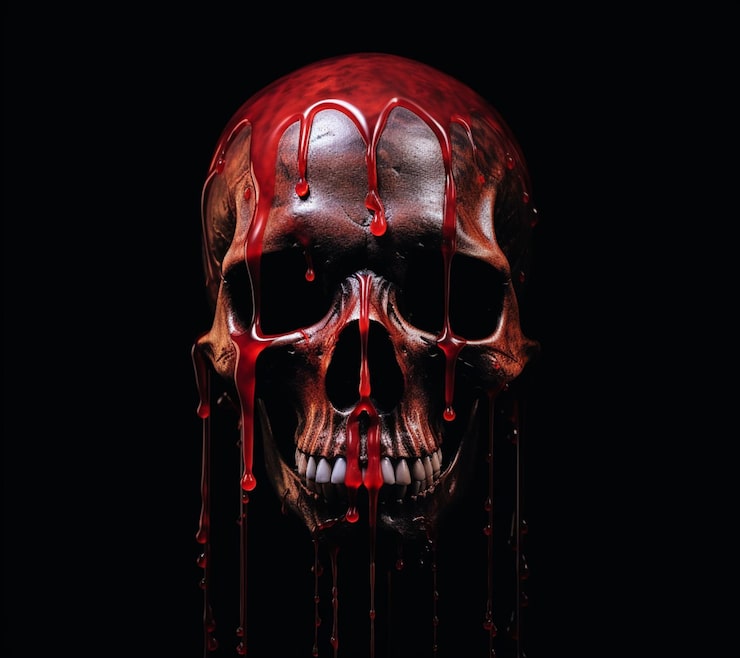 Foto cráneo arrebatado con sangre goteando por su cara y ojos generativo ai