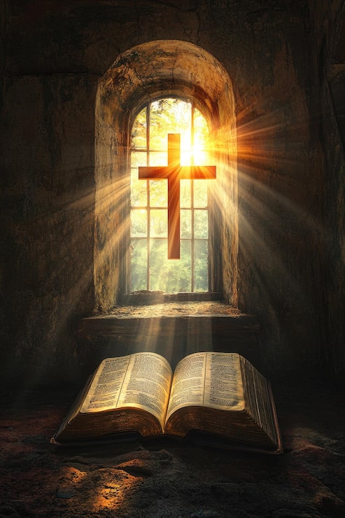 Foto la cruz brilla a través de la ventana de una antigua iglesia iluminando la biblia abierta