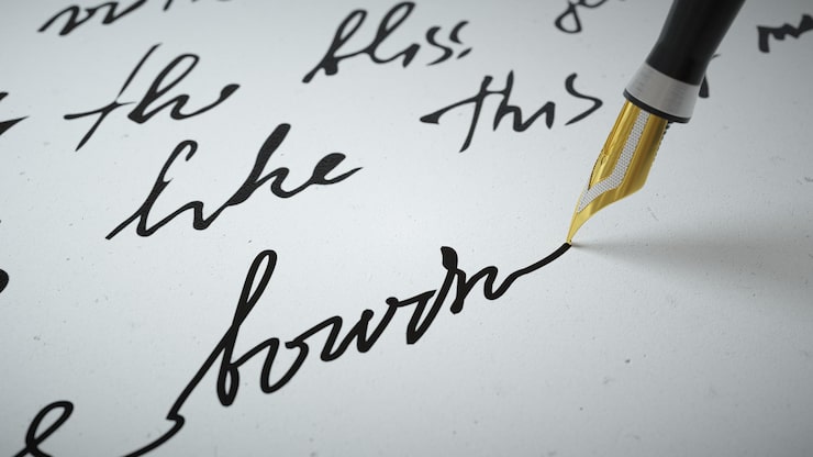 Foto d-rendering-tintenstift schreibt verse auf papier aus nächster nähe