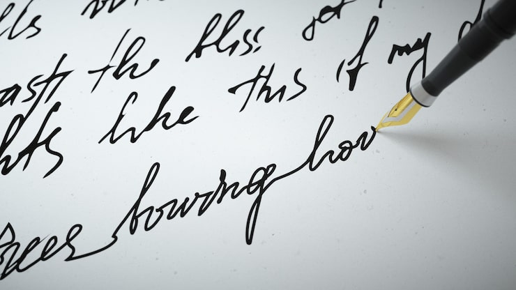 Foto d-rendering-tintenstift schreibt verse auf papier aus nächster nähe