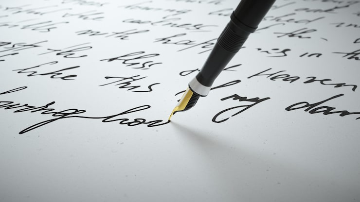 Foto d-rendering-tintenstift schreibt verse auf papier aus nächster nähe