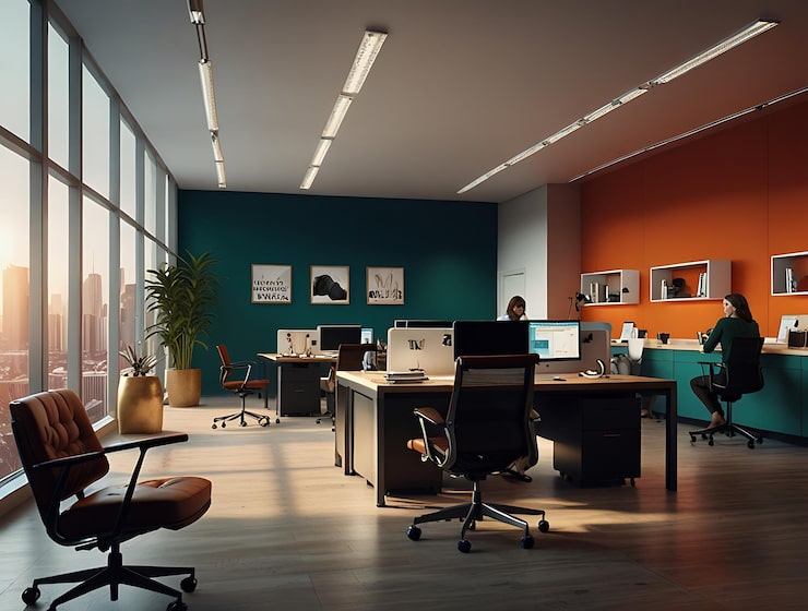 Foto por defecto un espacio de oficina elegante con empleados que trabajan en su