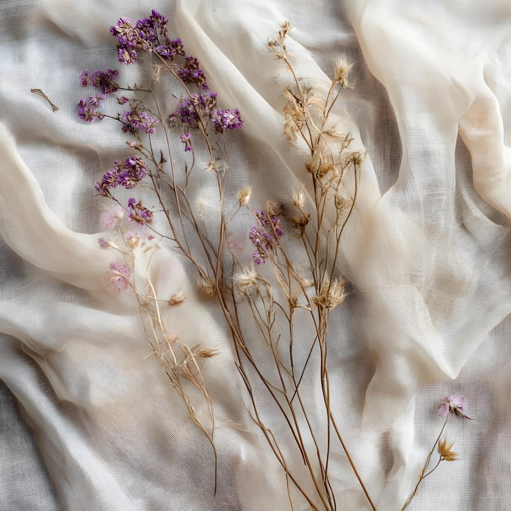 Foto delicadas flores secas en un fondo de tela suave diseño floral estético