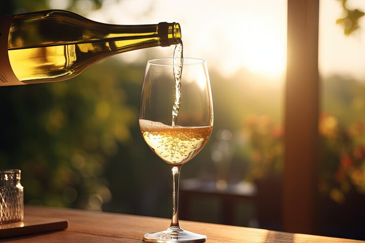 Foto despejando vinho branco em um copo de vinho em uma mesa com um fundo desfocado
