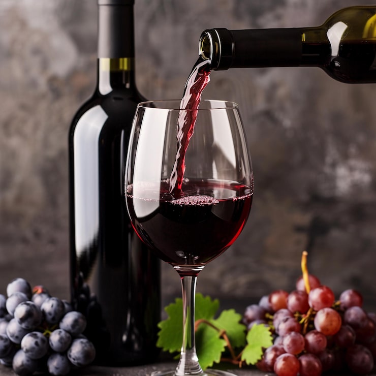 Foto despejar vinho vermelho com garrafa e uvas