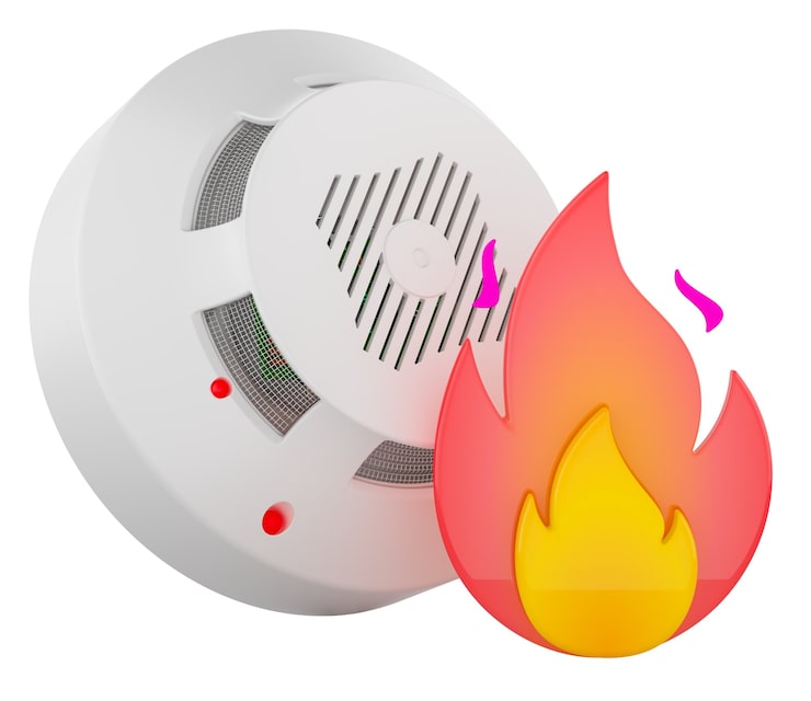 Foto detector de humo con símbolo de llama, concepto de alarma contra incendios y seguridad, renderizado 3d