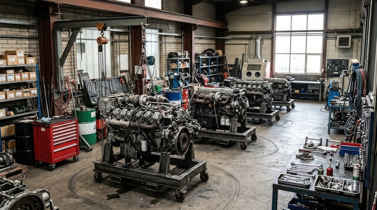 Foto dynamische industriewerkstatt mit großen schiffs- oder dieselmotoren in wartung und schwerem gerät
