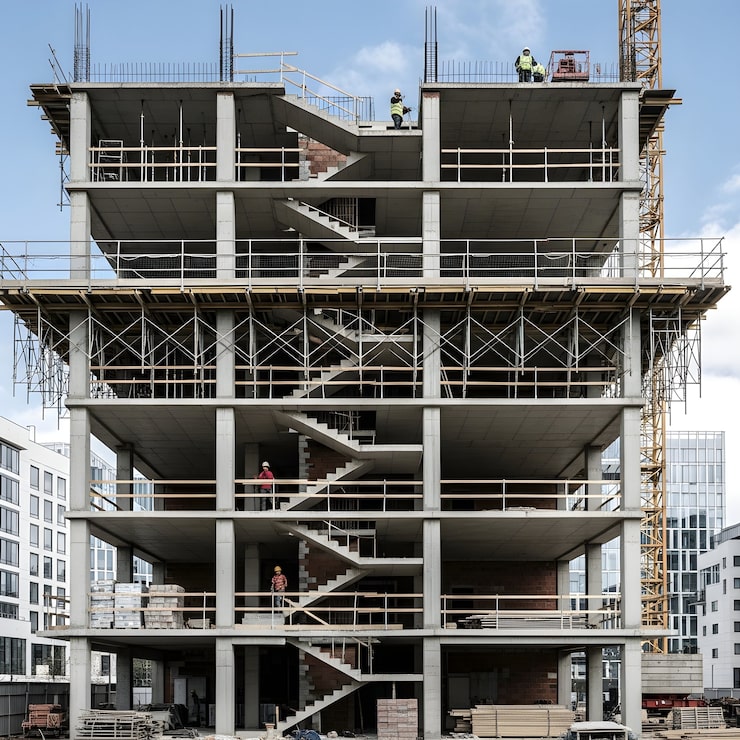Foto edificio moderno de varios pisos en construcción con escaleras