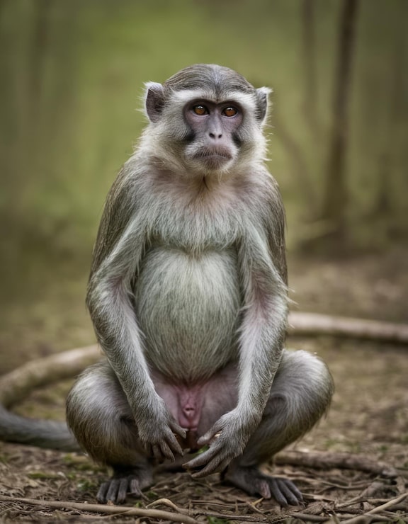 Foto ein affe sitzt mit einem seil um den hals auf dem boden