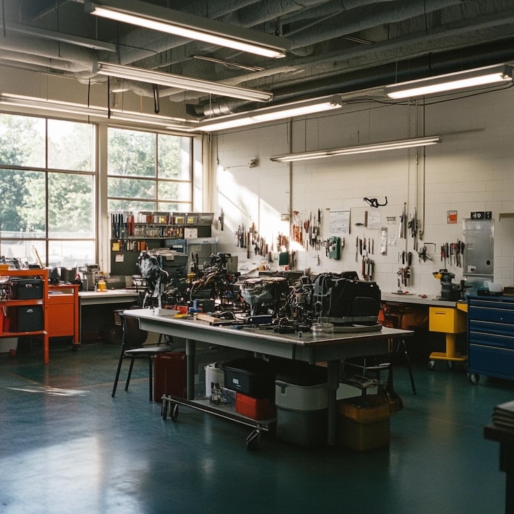 Foto ein klassenzimmer, in dem schüler autoreparatur lernen, mit motoren und werkzeugen im hintergrund