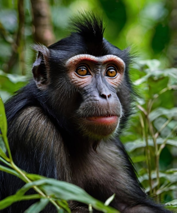 Foto ein schwarzkröstenmakak sitzt ruhig auf einem zweig im üppigen dschungel von sulawesi, seine ausdrucksstarken augen
