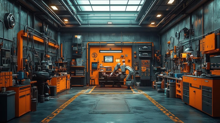 Foto eine futuristische werkstatt mit industrieller ausrüstung und zwei robotern, die an einem projekt arbeiten
