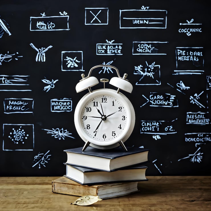 Foto eine uhr sitzt auf einem stapel bücher mit den worten zeit an der wand