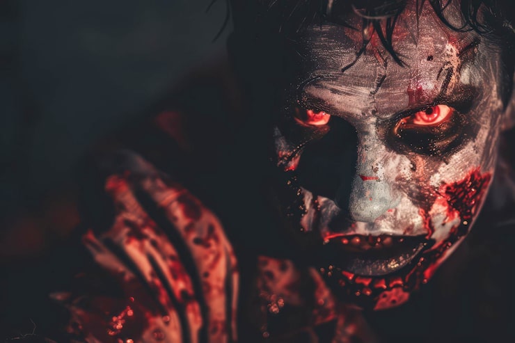 Foto el escalofriante retrato de un personaje zombi con sangre y descomposición en un entorno oscuro