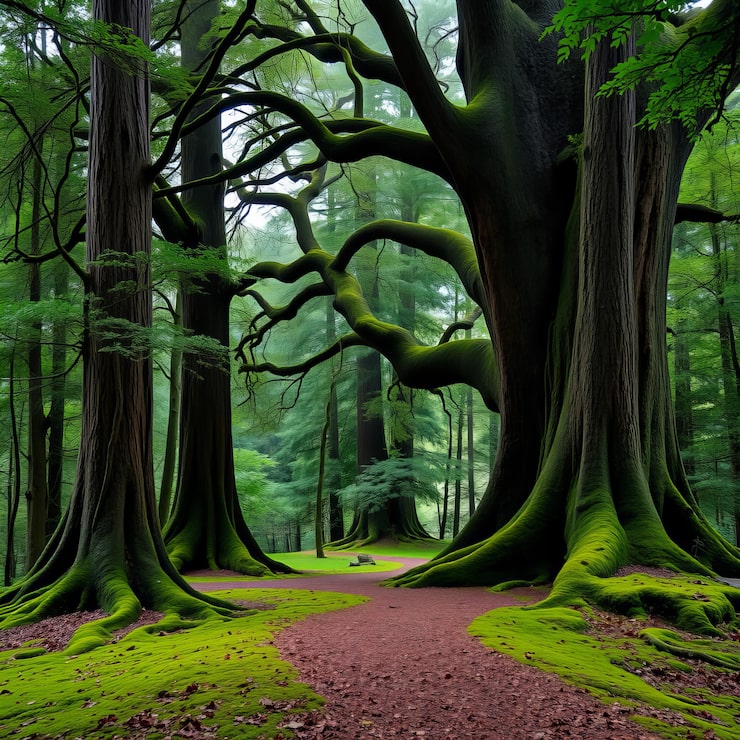 Foto con una escena de bosque tranquilo con un camino cubierto de musgo suave y grandes árboles antiguos
