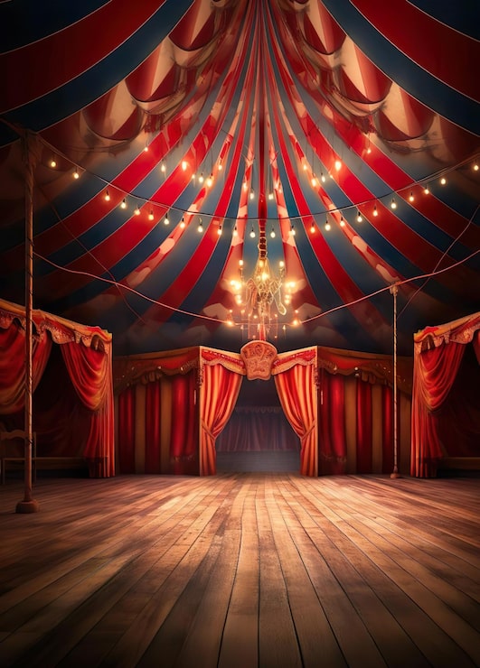 Foto un escenario de circo con una carpa roja y amarilla con luces