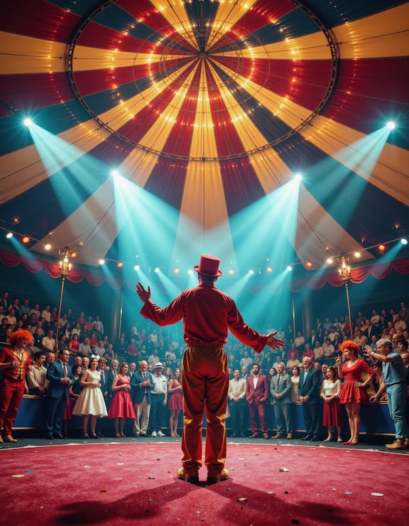 Foto un espectáculo de circo cautivador bajo un gran toldo vibrante con un público cautivado
