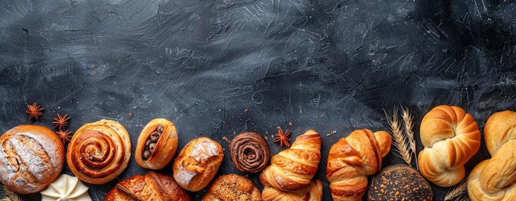 Foto exposición de panadería artesanal con una variedad de panes y pasteles recién horneados en una textura oscura