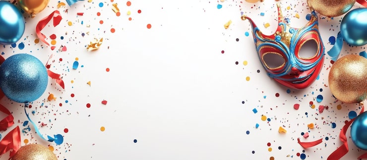 Foto farbiger festlicher hintergrund mit karnevalmasken, konfetti und ballons auf weißem hintergrund