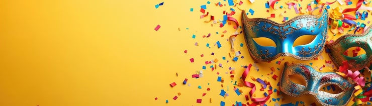 Foto feiern sie mit unserem festlichen karnevalsbanner mit lebendigen masken, konfetti und streamen auf einem leuchtend gelben hintergrund.