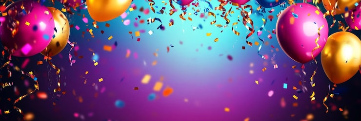 Foto festliche party-hintergrund mit serpentin-lichtern, konfetti und ballons