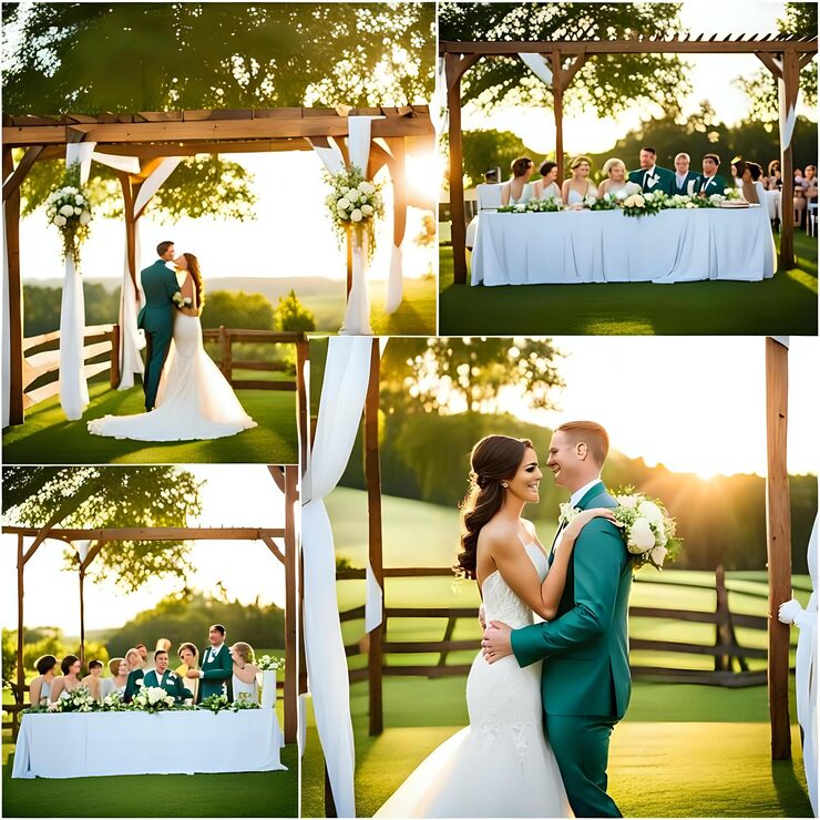 Foto fiesta de bodas al aire libre con sillas blancas y mantel verde
