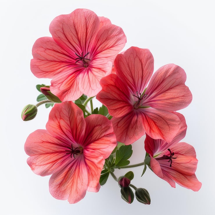 Foto flor de geranio rojo vívido en luz suave fotografía realista de 8k hd en fondo blanco