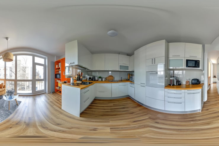Foto fotografía de 360 grados de la cocina moderna en estilo escandinavo