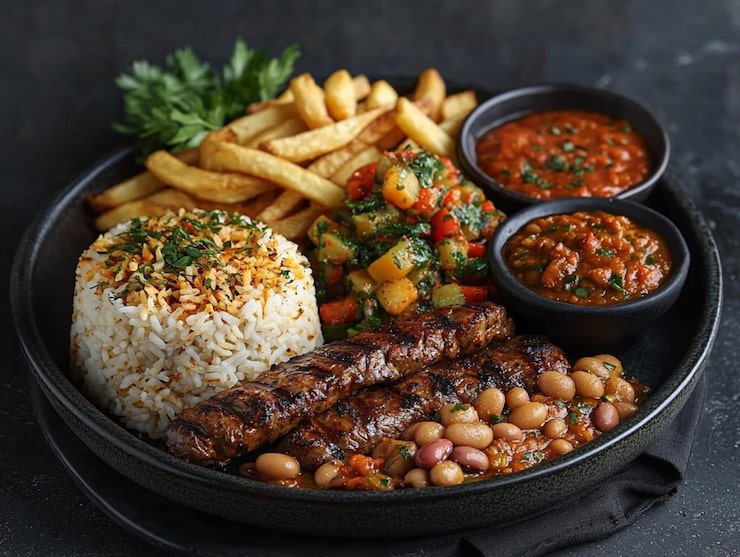 Foto fotografia de comida um prato de delicioso bife de arroz e feijão ao estilo brasileiro com batatas fritas ao lado sho