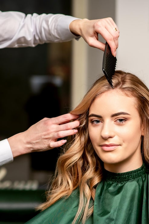 Foto friseur kämmt lange haare einer jungen kaukasischen frau, die in die kamera schaut und im schönheitssalon lächelt