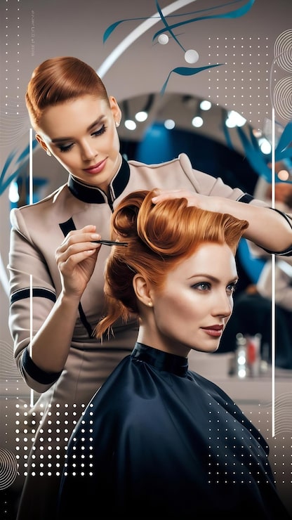 Foto friseurin frisiert eine rothaarige frau im schönheitssalon