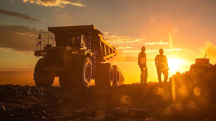 Foto un gran camión amarillo en una mina con dos trabajadores de pie delante de él
