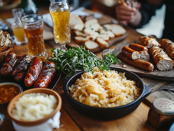 Foto há muitas comidas diferentes na mesa com cerveja e pão.