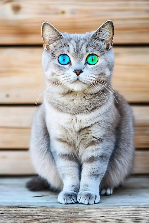 Foto há um gato com olhos azuis sentado em um banco de madeira