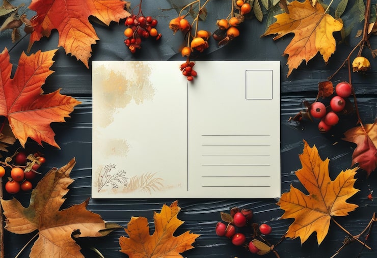 Foto herbstblätter-postkarte mit natürlichem rahmen platz für text platz zum kopieren