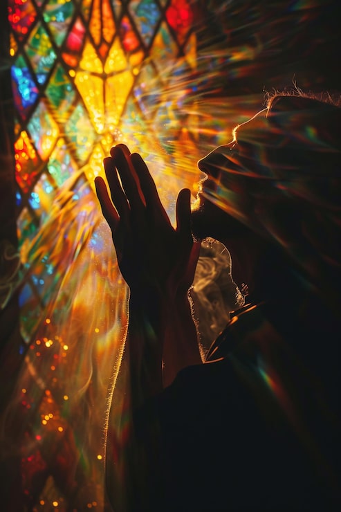 Foto hombre arrodillado en oración bajo una vidriera bañada en luz suave