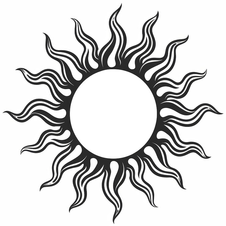 Foto ilustración abstracta del sol tribal con intrincadas llamas blancas y negras
