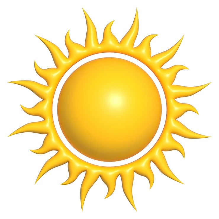 Foto ilustración del icono de sol 3d aislado sobre fondo blanco.