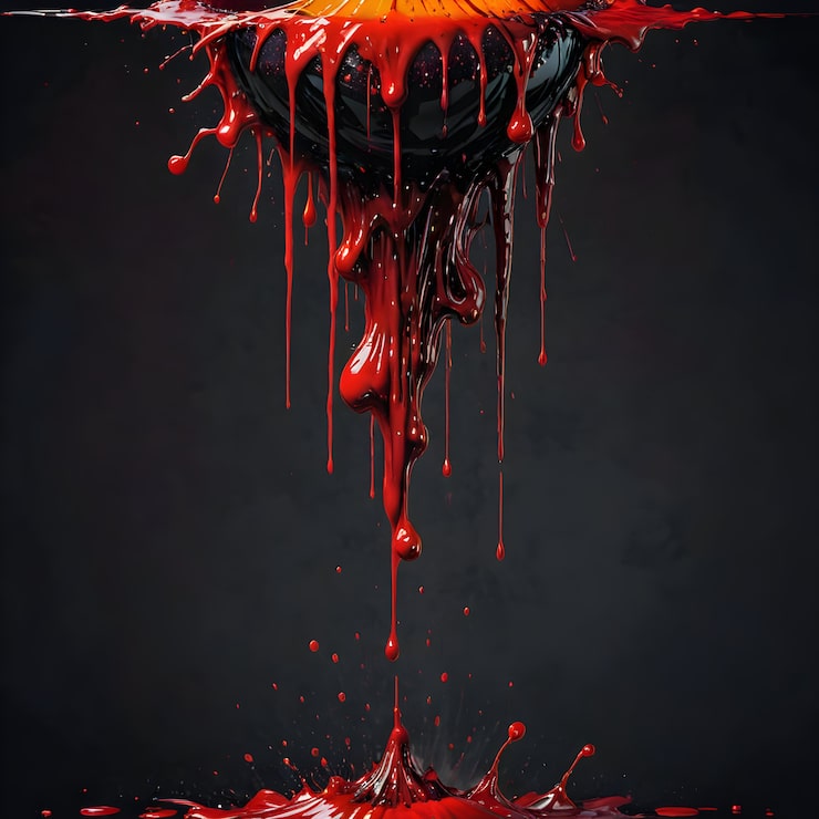 Foto ilustración de orbe oscuro con líquido rojo goteando