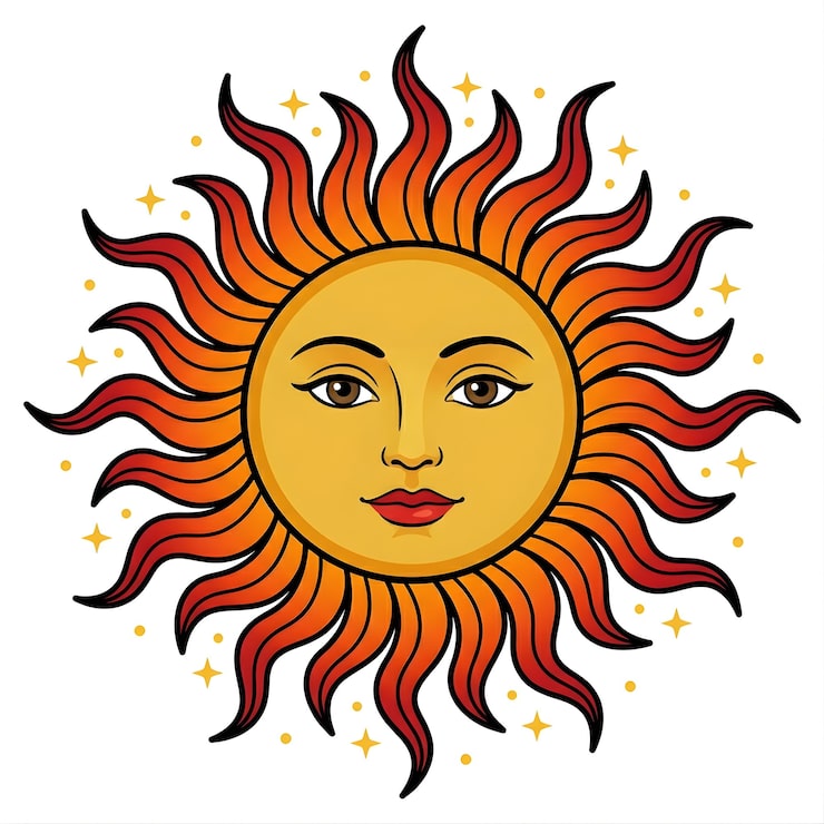 Foto ilustración de sol celestial estilizado con rostro humano