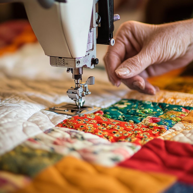 Foto imagen de una persona cubriendo una colcha de patchwork en una máquina de coser