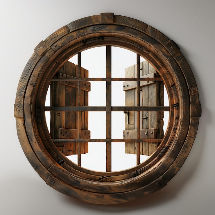 Foto imagen de una ventana redonda de madera