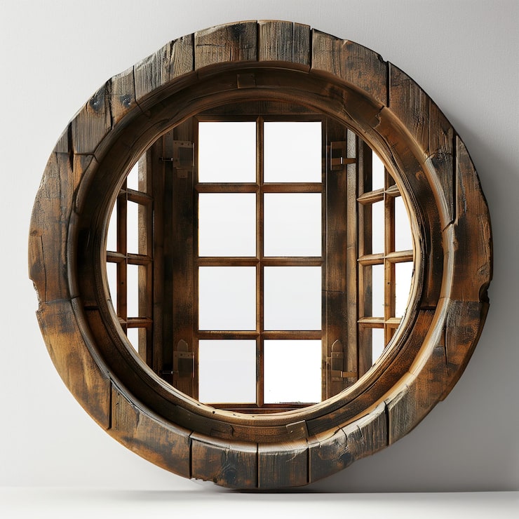Foto imagen de una ventana redonda de madera