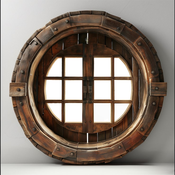 Foto imagen de una ventana redonda de madera
