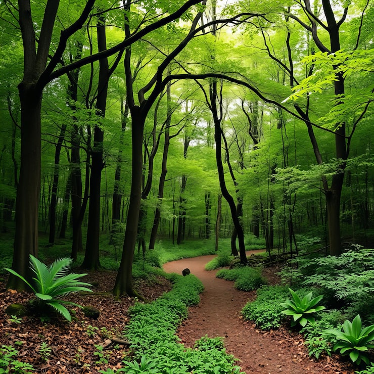 Foto impresionante denso bosque verde con un camino sinuoso a través