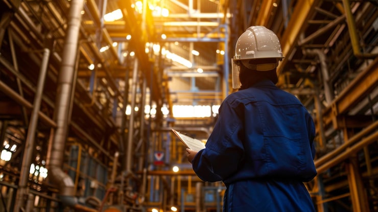 Foto un ingeniero con un uniforme azul y un casco de seguridad está inspeccionando una planta petroquímica con un clipboard en la mano rodeado de intrincadas estructuras metálicas y tuberías