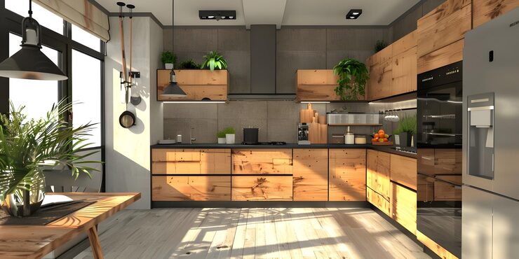 Foto interior de cocina elegante con fondo de muebles modernos generado por ai