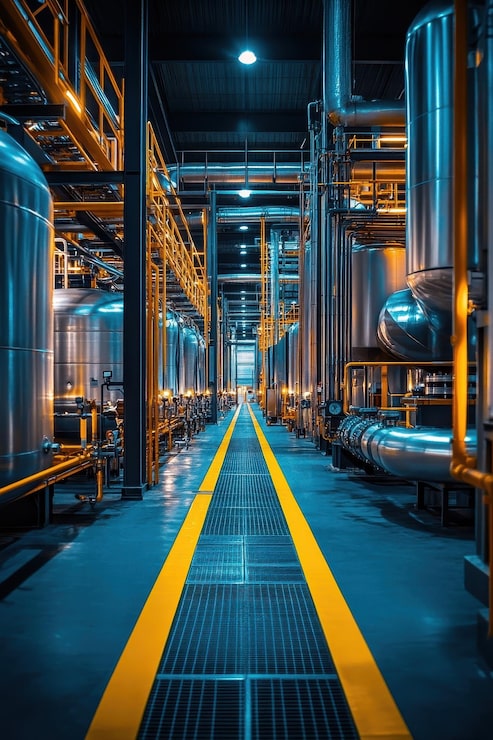 Foto interior de una fábrica industrial moderna con tuberías y maquinaria metálica en una instalación de fabricación de alta tecnología
