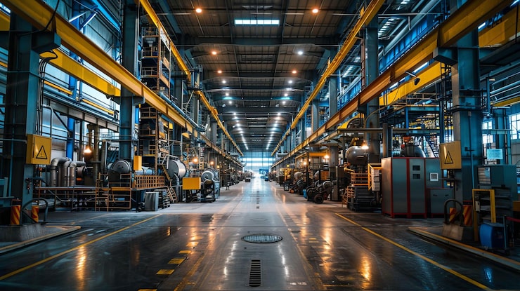 Foto interior de la fábrica industrial con vigas y maquinaria amarillas